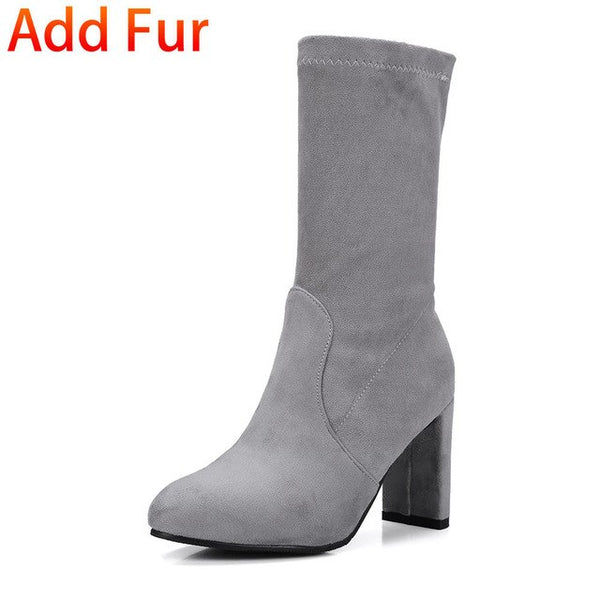 BONJOMARISA Yellow women's Soft mid-calf Boots Women Autumn 2018 Plus Size 32-48 High 8 Cm Heels Shoes Woman Elegant