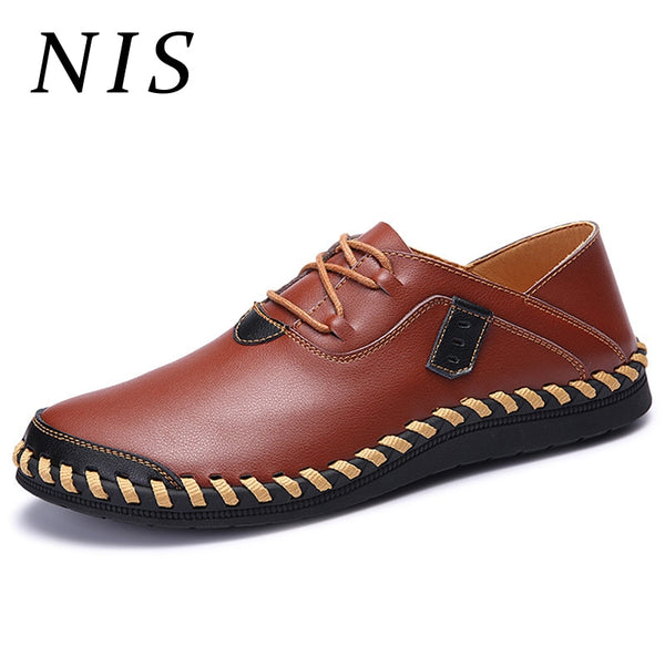NIS Breathable Cow Leather Flat Shoes Men Hand Sewing Soft Sole Moccasins Oxfords Casual Summer Driving Men Shoes Big Size Flats