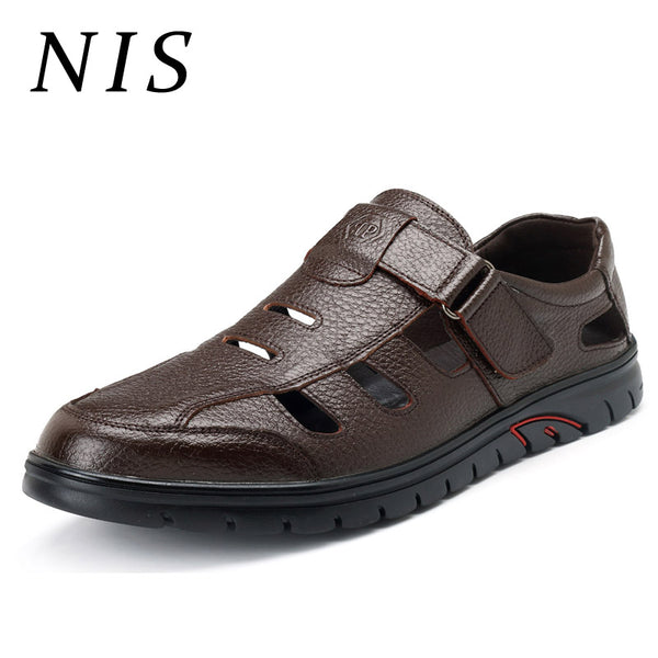 NIS Breathable Cow Split Leather Flat Sandals Hook&Loop Soft Fishermen Sandals Men Shoes Summer Casual Men Beach Shoes Sandalias