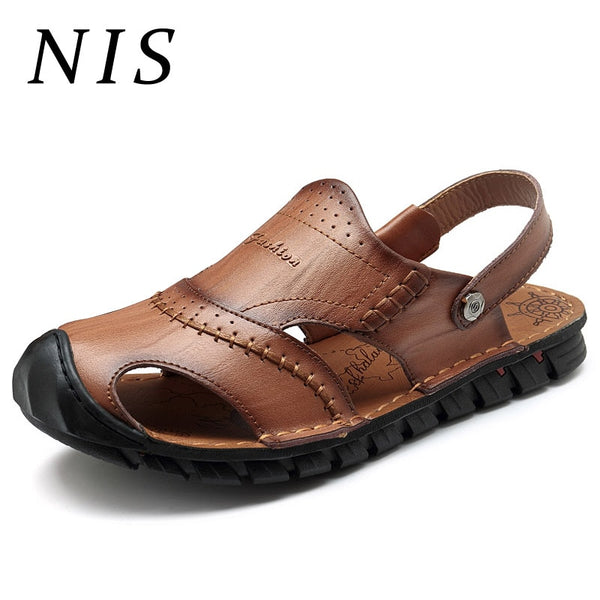 NIS Genuine Leather Fishermen Sandals Men Summer Shoes Two Ways Wear Anti-collision Slip-on Slides Flat Sandals Beach Men Shoes