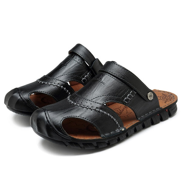 NIS Genuine Leather Fishermen Sandals Men Summer Shoes Two Ways Wear Anti-collision Slip-on Slides Flat Sandals Beach Men Shoes