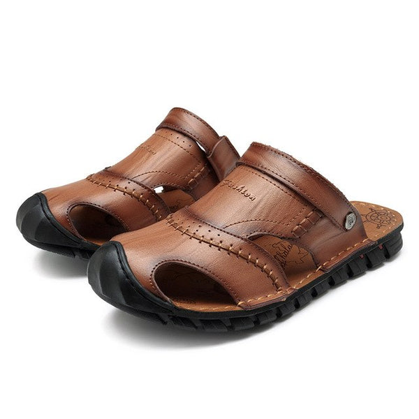 NIS Genuine Leather Fishermen Sandals Men Summer Shoes Two Ways Wear Anti-collision Slip-on Slides Flat Sandals Beach Men Shoes