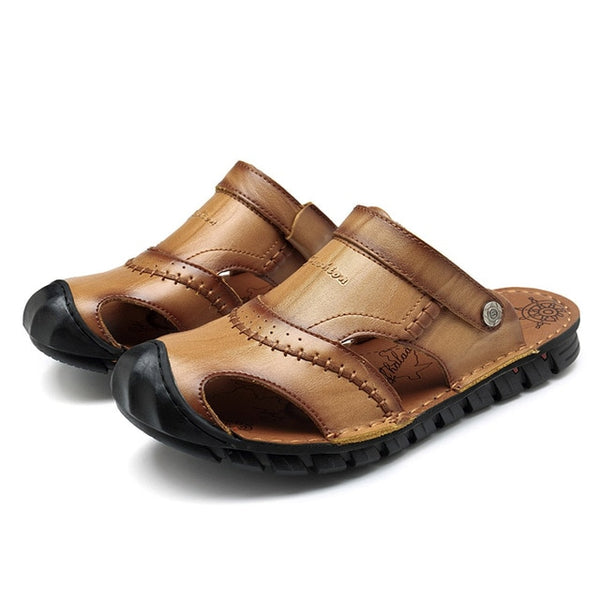 NIS Genuine Leather Fishermen Sandals Men Summer Shoes Two Ways Wear Anti-collision Slip-on Slides Flat Sandals Beach Men Shoes