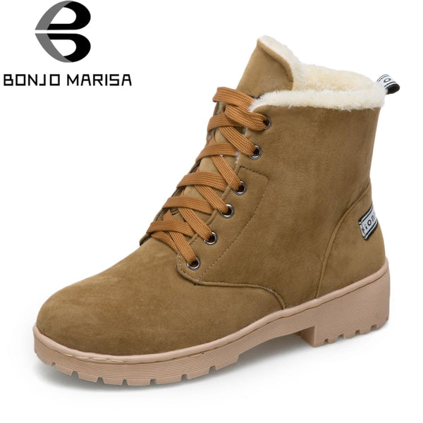 BONJOMARISA women's Ankle Platform Snow Boots Autumn Winter 2018 New Large Size 33-43 lace-up Warm Fur Med Heels Shoes Woman