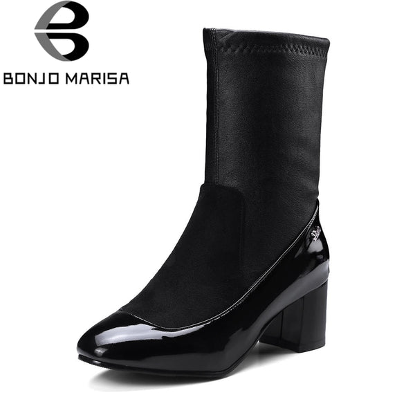 BONJOMARISA Plus Size 32-48 Fashion mid-calf Sock Boots Women Soft women's Shoes High Heels Shoes Woman Short Plush Footwear