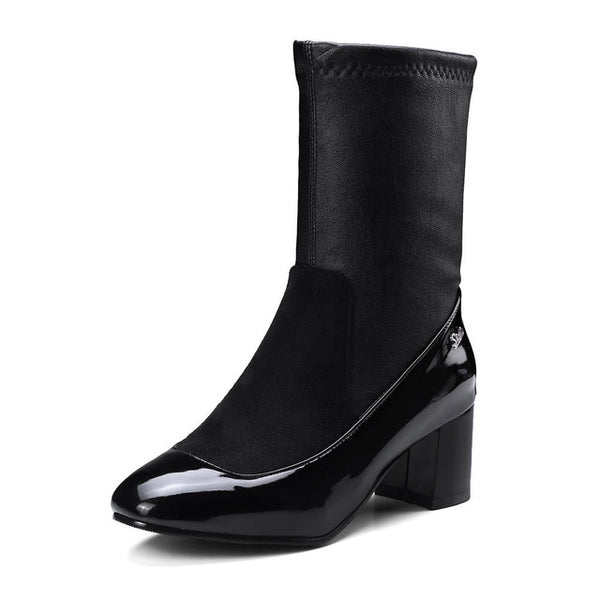 BONJOMARISA Plus Size 32-48 Fashion mid-calf Sock Boots Women Soft women's Shoes High Heels Shoes Woman Short Plush Footwear
