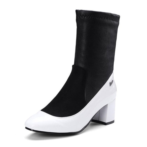 BONJOMARISA Plus Size 32-48 Fashion mid-calf Sock Boots Women Soft women's Shoes High Heels Shoes Woman Short Plush Footwear