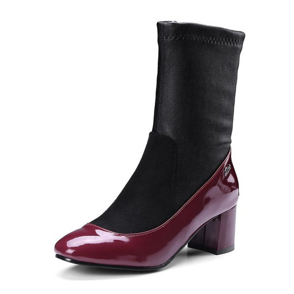 BONJOMARISA Plus Size 32-48 Fashion mid-calf Sock Boots Women Soft women's Shoes High Heels Shoes Woman Short Plush Footwear