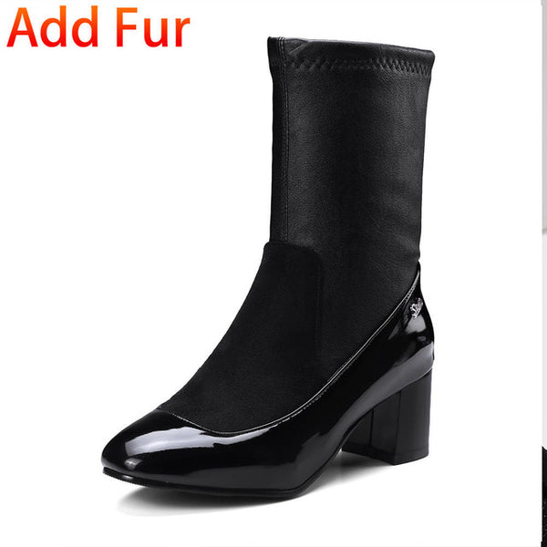 BONJOMARISA Plus Size 32-48 Fashion mid-calf Sock Boots Women Soft women's Shoes High Heels Shoes Woman Short Plush Footwear
