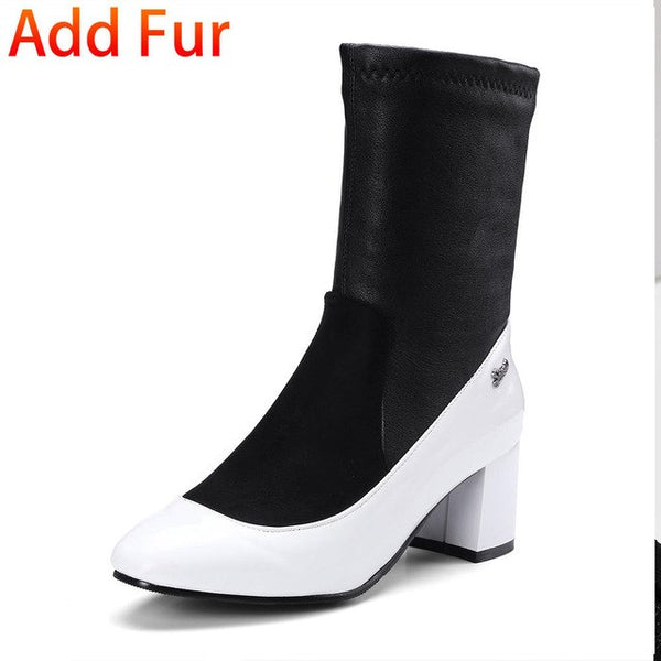 BONJOMARISA Plus Size 32-48 Fashion mid-calf Sock Boots Women Soft women's Shoes High Heels Shoes Woman Short Plush Footwear