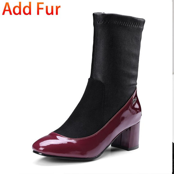 BONJOMARISA Plus Size 32-48 Fashion mid-calf Sock Boots Women Soft women's Shoes High Heels Shoes Woman Short Plush Footwear