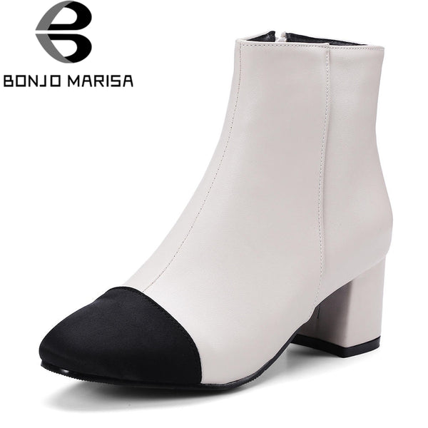 BONJOMARISA Brand Elegant Patchwork women's Chelsea Boots Plus Size 32-48 Ankle Boots Women High Heels Shoes Woman