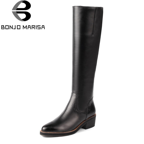 BONJOMARISA Black High Quality women's Knight Knee High Boots Women Genuine Leather Autumn Winter 2018 Fur Med Heels Shoes Woman