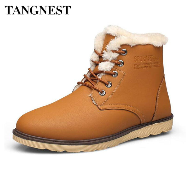 Tangnest NEW Winter Men's Snow Boots Warm Fur Lace Up Ankle Boots For Men Casual PU Leather Cotton Shoes Size  38~44