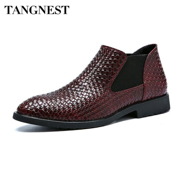 Tangnest NEW Autumn Men's Chelsea Boots Fashion Knitted Split Leather Ankle Boots British Style Men's Dress Shoes