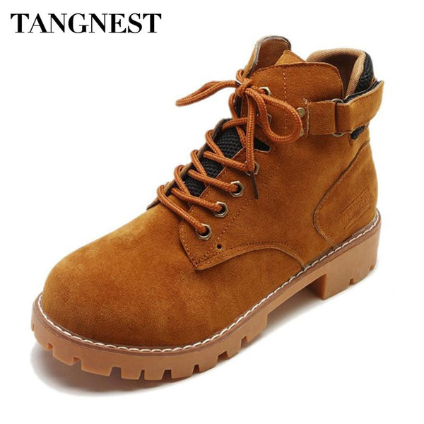 Tangnest NEW Women's Ankle Boots Autumn Suede Leather Lace Up Western Boots Casual Chunky Heel Boot Wedge Shoes Size 35~40