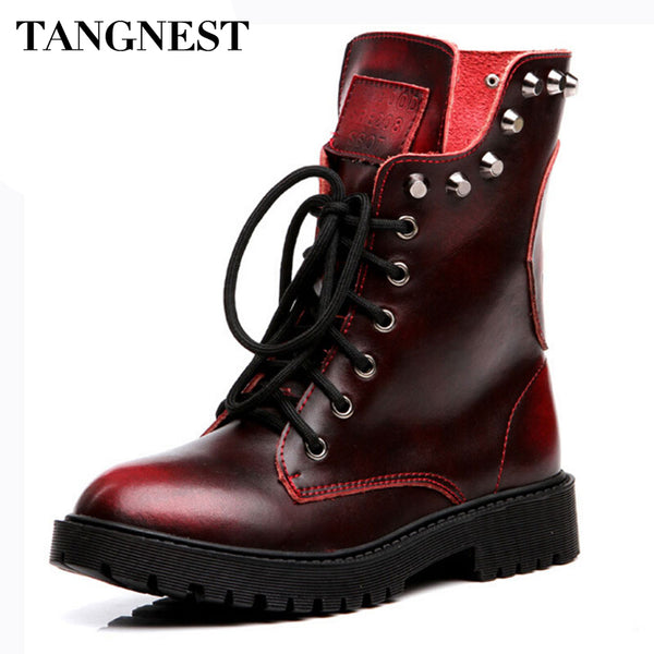 Tangnest Women Boots Genuine Leather Women's Ankle Boot Fashion Rivets Lace-up Platform Shoes Classic Martin Boots Woman XWX4082